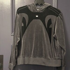 Adidas Velvet Hoodie Pullover Sweater Black Grey XL